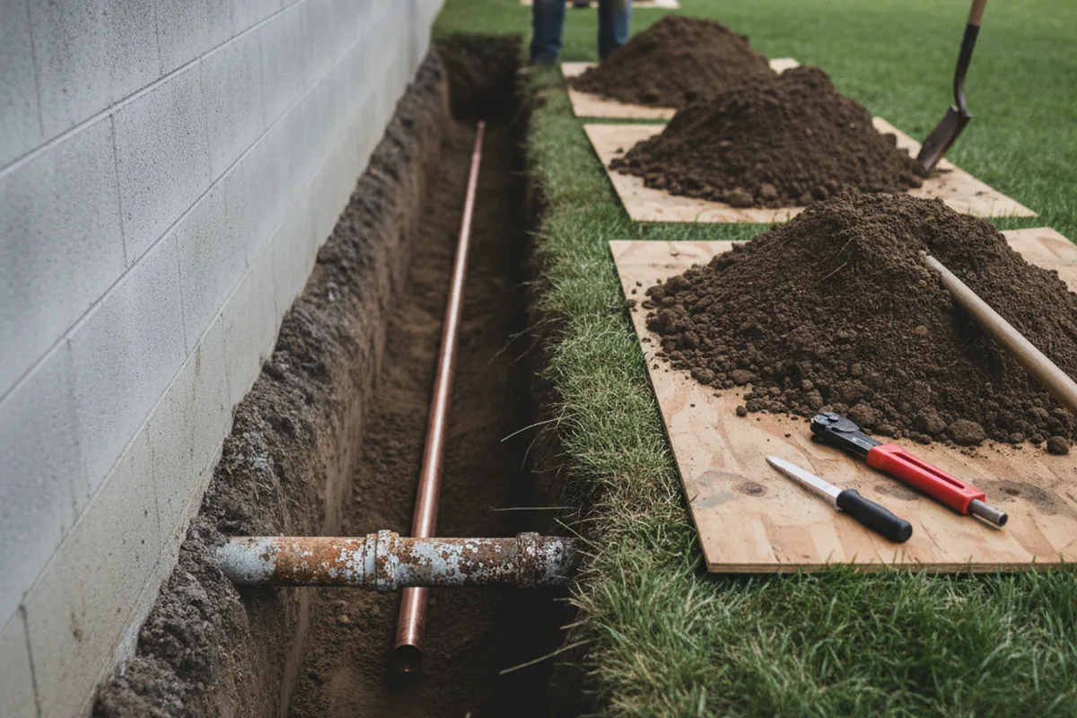 Excavated water line trench during Water Softener Installation in Seneca Falls
